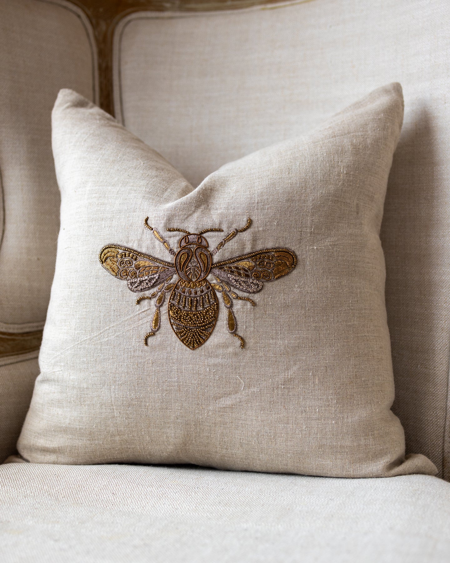 Deborah Organic Linen Embroidered Bee Throw Pillow